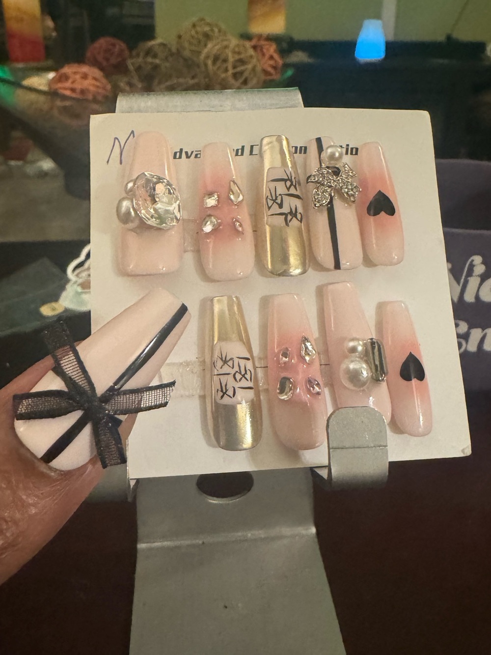 Nude Pink & Gold Press-On Nail Set with Embellishments (Long Coffin)